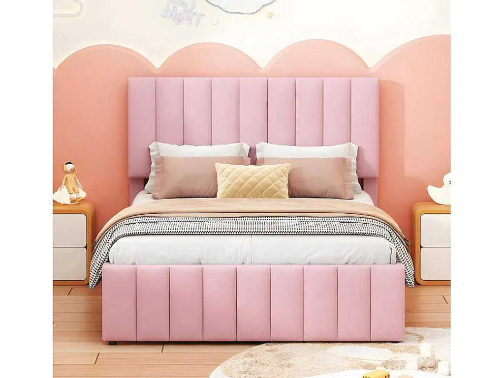 Gestoffeerd Linnen Bed 140X200Cm - Met Onderschuifbed Op Wielen En 3 Lades - Roze-ModernLuxe Clearance
