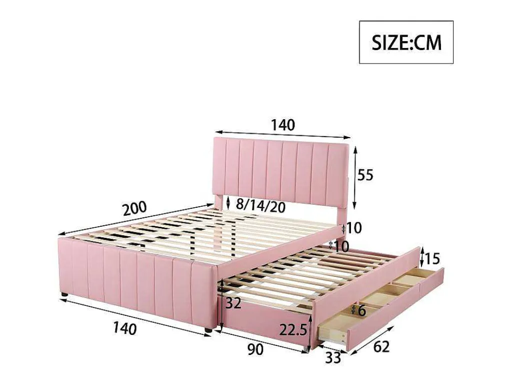 Gestoffeerd Linnen Bed 140X200Cm - Met Onderschuifbed Op Wielen En 3 Lades - Roze-ModernLuxe Clearance