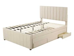Gestoffeerd Linnen Bed 140X200Cm - Met Onderschuifbed Op Wielen En 3 Lades - Beige-ModernLuxe Best