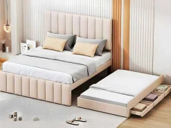 Gestoffeerd Linnen Bed 140X200Cm - Met Onderschuifbed Op Wielen En 3 Lades - Beige-ModernLuxe Best