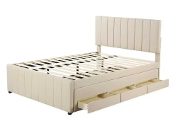 Gestoffeerd Linnen Bed 140X200Cm - Met Onderschuifbed Op Wielen En 3 Lades - Beige-ModernLuxe Best