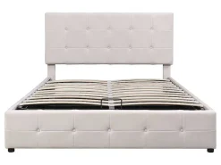 Gestoffeerd Opbergbed - 140X200Cm - Fluwelen Stof - Verstelbaar Blokpatroon Hoofdeinde - Creme-ModernLuxe Hot