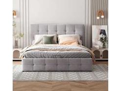 Gestoffeerd Opbergbed - 140X200Cm - Fluwelen Stof - Verstelbaar Hoofdeinde Met Blokpatroon - Grijs-ModernLuxe Online