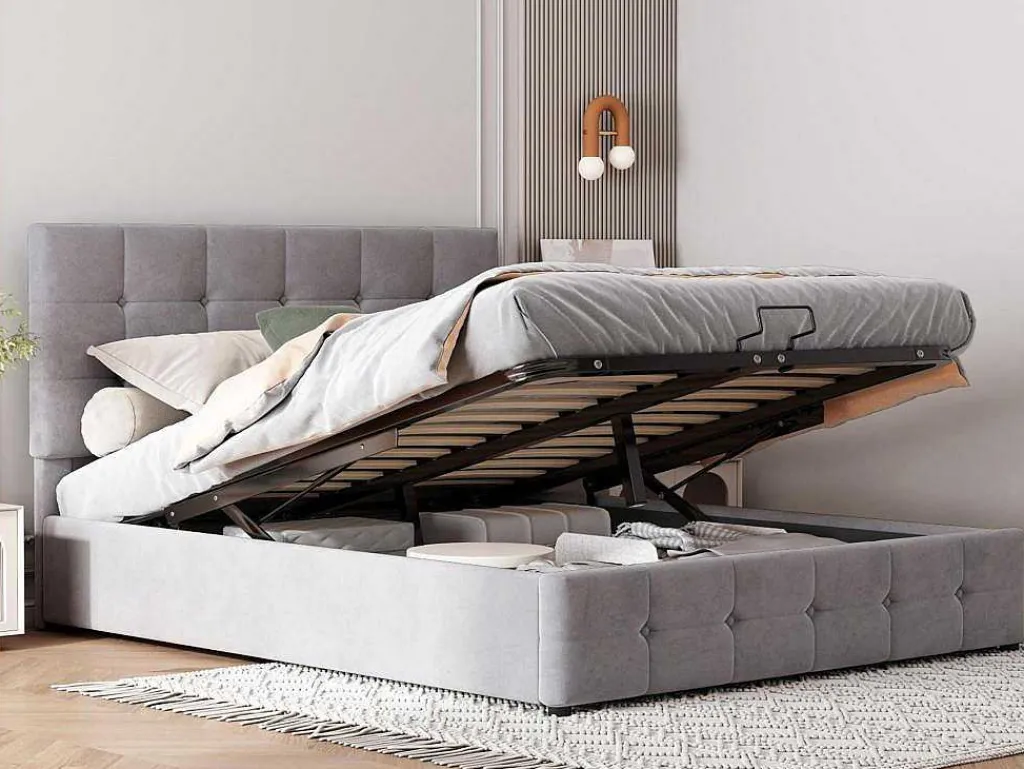 Gestoffeerd Opbergbed - 140X200Cm - Fluwelen Stof - Verstelbaar Hoofdeinde Met Blokpatroon - Grijs-ModernLuxe Online