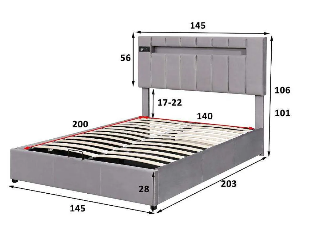 Gestoffeerd Opbergbed 140X200Cm - Fluwelen Stof - Met Led En Bluetooth Speler - Grijs-ModernLuxe Online