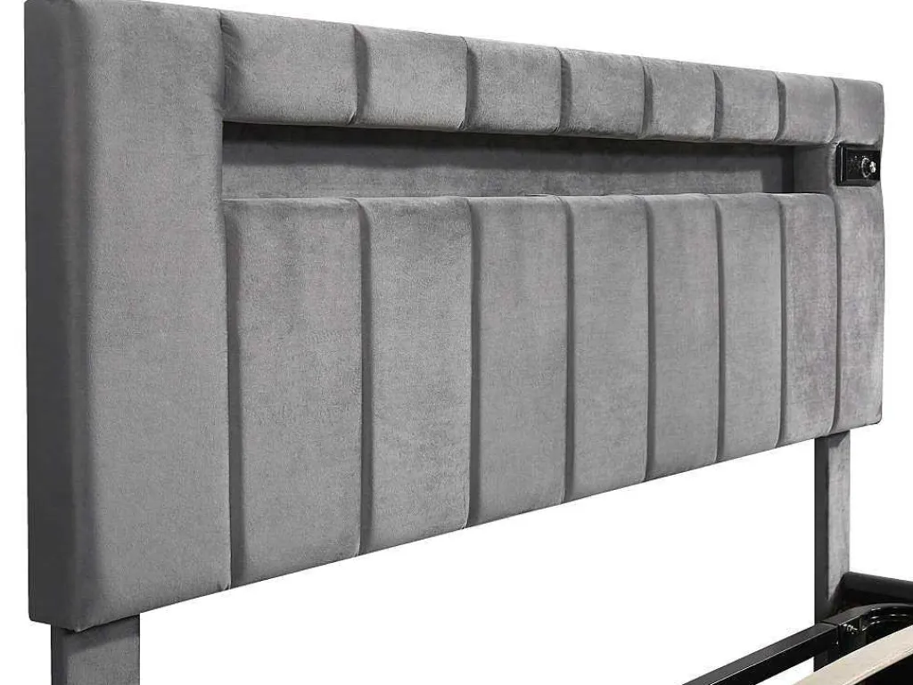 Gestoffeerd Opbergbed 140X200Cm - Fluwelen Stof - Met Led En Bluetooth Speler - Grijs-ModernLuxe Online