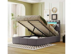 Gestoffeerd Opbergbed 140X200Cm - Fluwelen Stof - Met Led En Bluetooth Speler - Grijs-ModernLuxe Online
