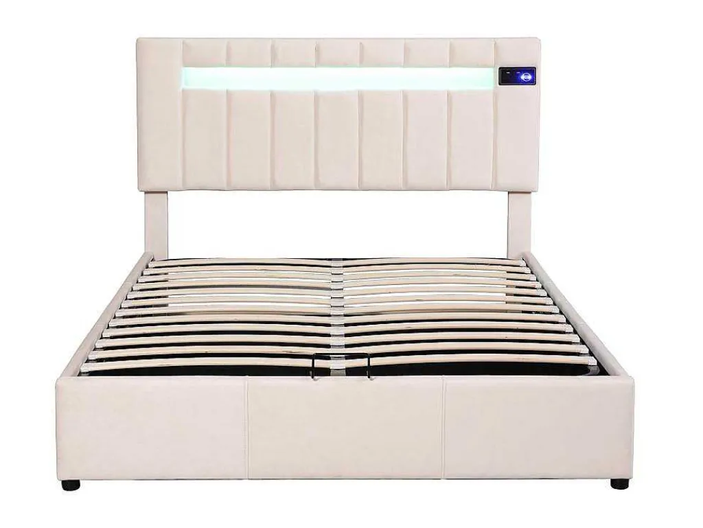 Gestoffeerd Opbergbed 140X200Cm - Stof Fluweel - Met Led En Bluetooth Speler - Beige-ModernLuxe Hot