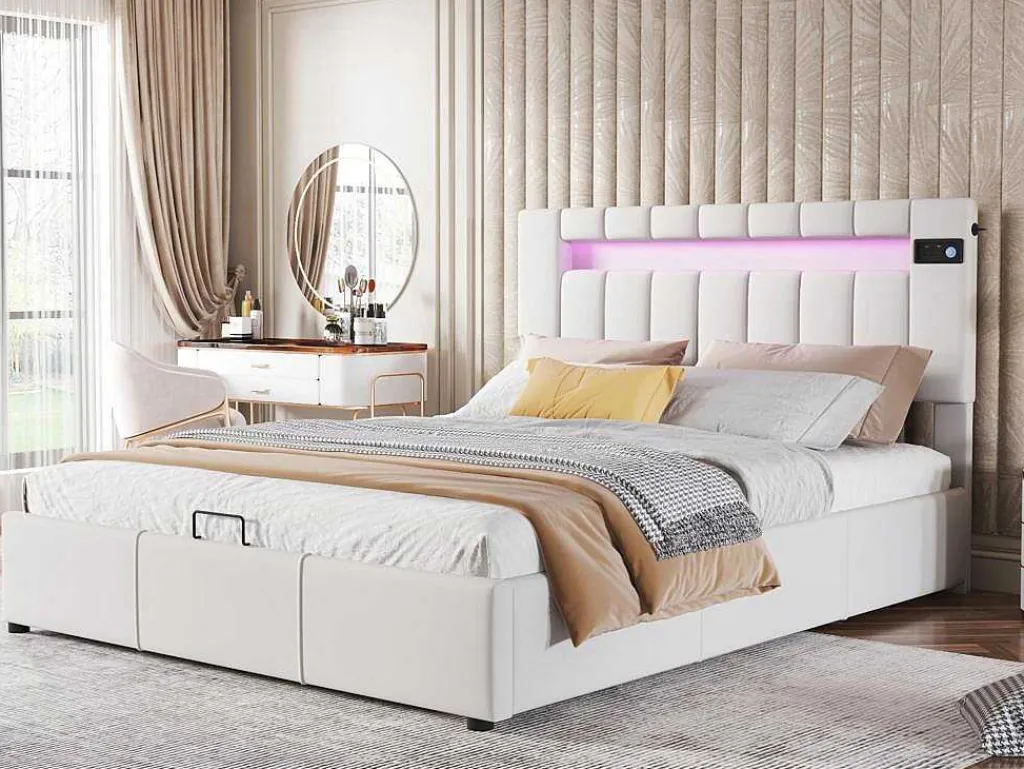 Gestoffeerd Opbergbed 140X200Cm - Stof Fluweel - Met Led En Bluetooth Speler - Beige-ModernLuxe Hot