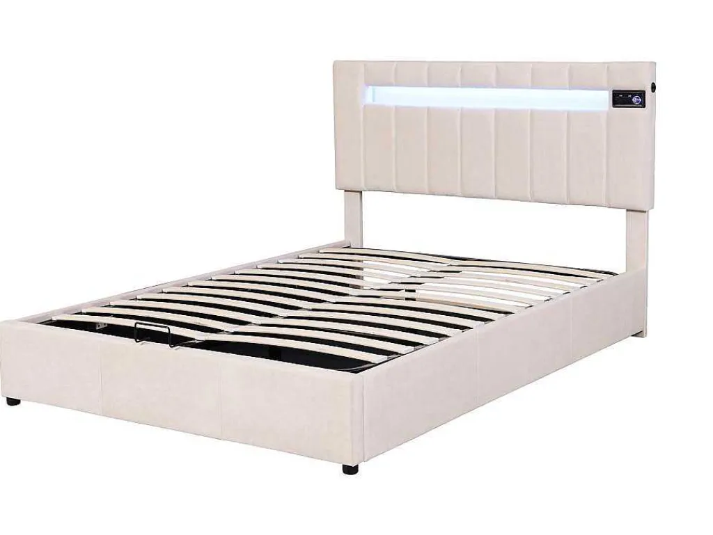 Gestoffeerd Opbergbed 140X200Cm - Stof Fluweel - Met Led En Bluetooth Speler - Beige-ModernLuxe Hot