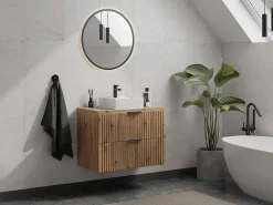 Gestreept Hangend Meubel Onder Wastafel Met Plank - Licht Naturel - L80 Cm - Zevara-Vente-unique