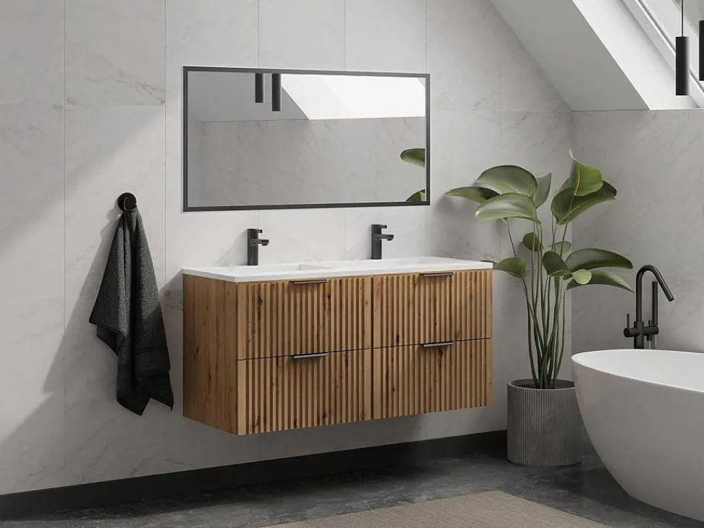 Gestreept Hangmeubel Voor Badkamer Met Inbouwwastafel - Licht Naturel - 120 Cm - Zevara-Vente-unique