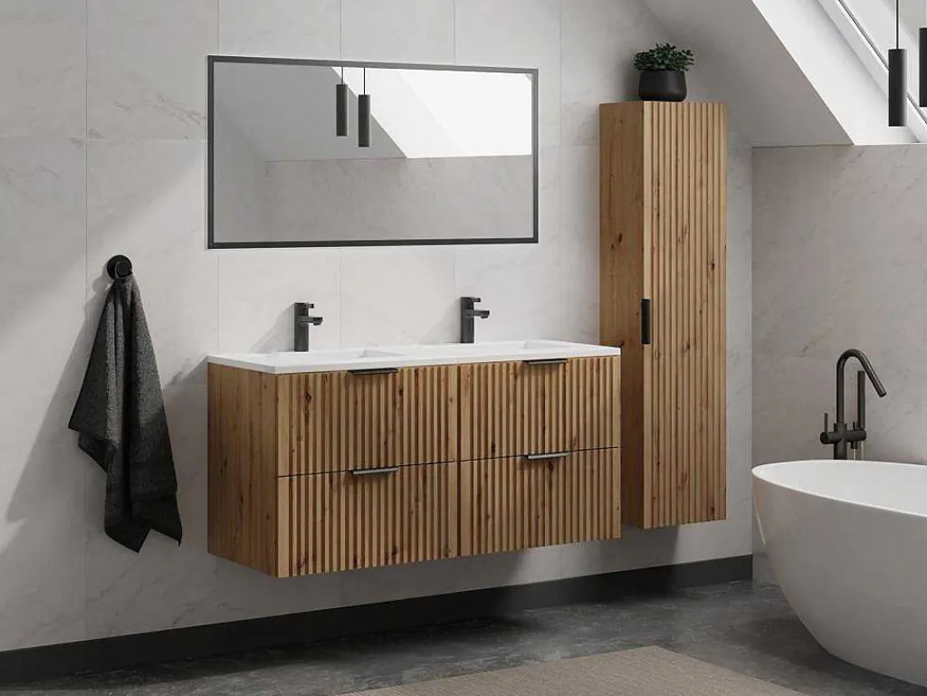 Gestreept Hangmeubel Voor Badkamer Met Inbouwwastafel - Licht Naturel - 120 Cm - Zevara-Vente-unique