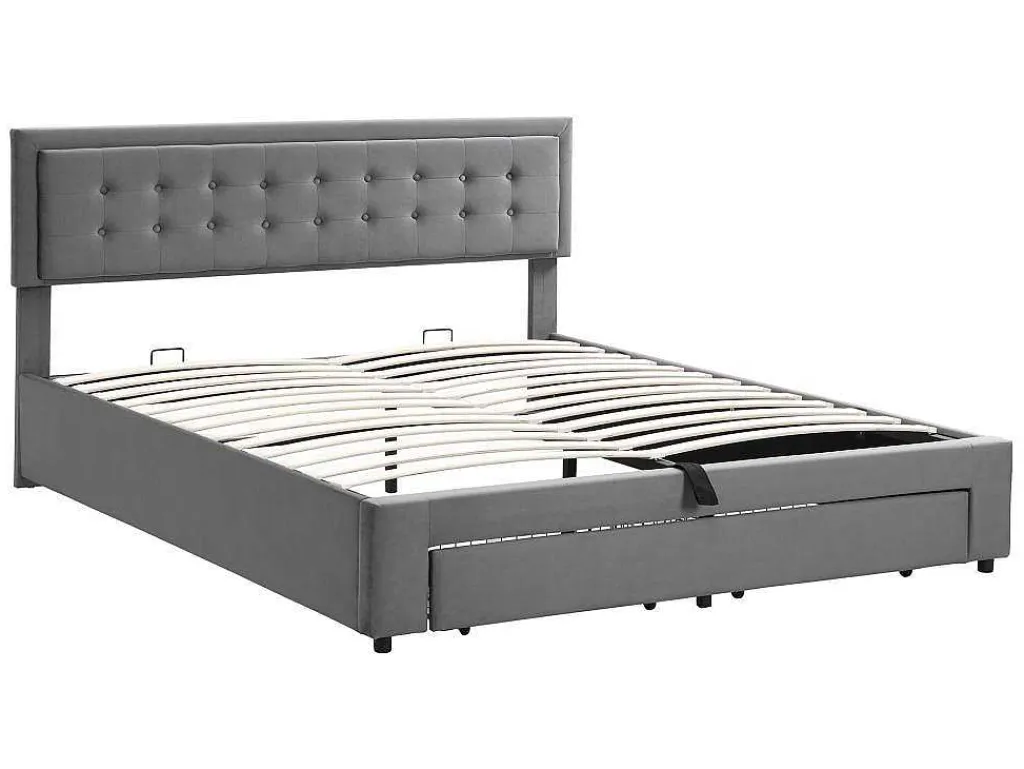 Gewatteerd Opbergbed 160X200Cm In Fluweel Met Lade + Lattenbodem - Grijs (Zonder Matras)-ModernLuxe Clearance