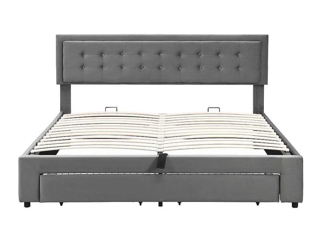 Gewatteerd Opbergbed 160X200Cm In Fluweel Met Lade + Lattenbodem - Grijs (Zonder Matras)-ModernLuxe Clearance