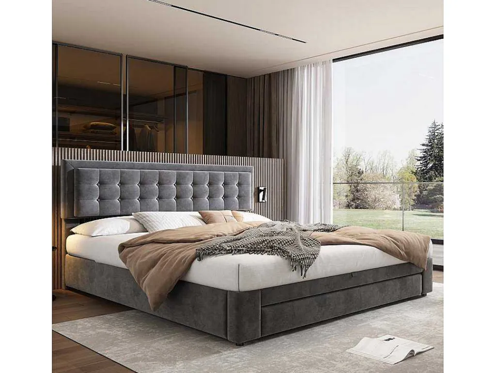Gewatteerd Opbergbed 160X200Cm In Fluweel Met Lade + Lattenbodem - Grijs (Zonder Matras)-ModernLuxe Clearance