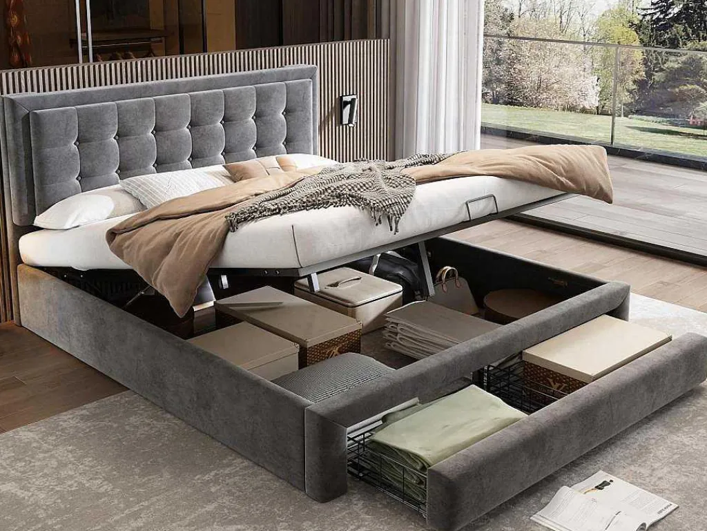 Gewatteerd Opbergbed 160X200Cm In Fluweel Met Lade + Lattenbodem - Grijs (Zonder Matras)-ModernLuxe Clearance