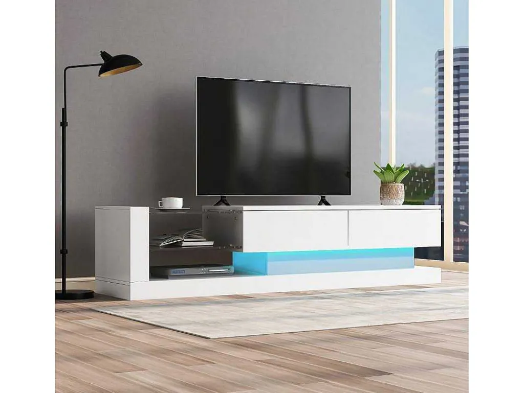Glanzend Tv-Meubel Met 2 Deuren En 2 Glazen Planken - Spaanplaat - Led'S - Wit-Vente-unique