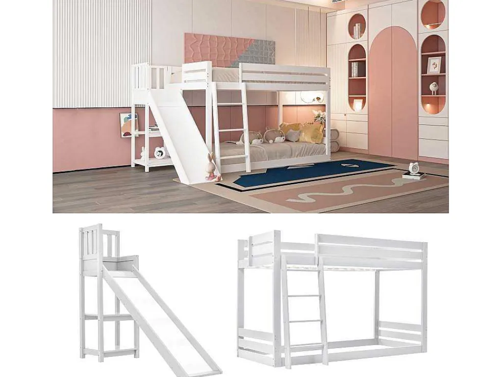 Grenen Stapelbed Met Plank En Glijbaan + Lattenbodem - 90X200Cm - Wit-ModernLuxe Sale