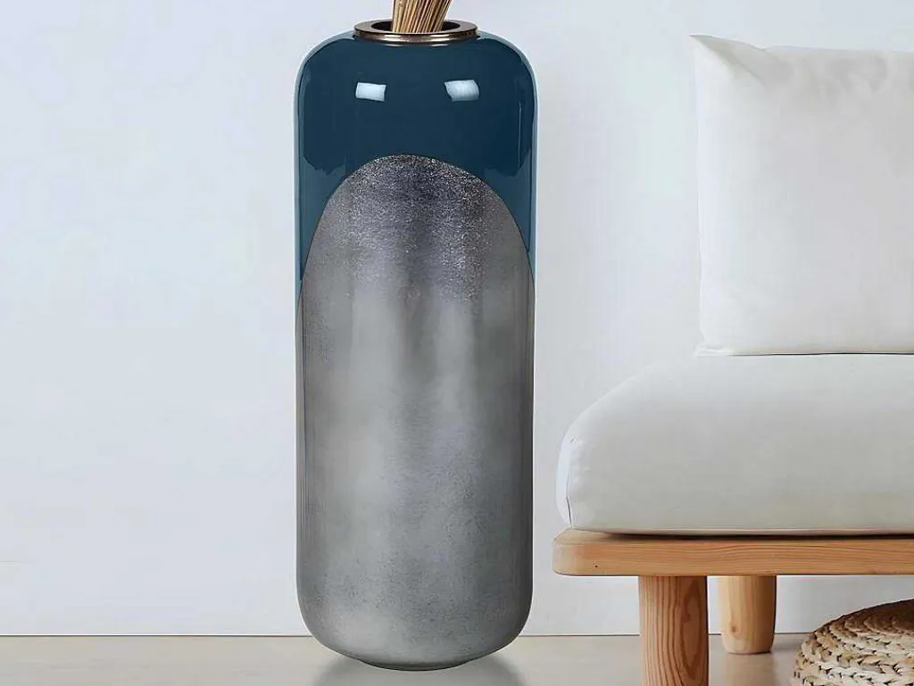 Grote Geemailleerde Metalen Vaas - D. 30 X H. 82 Cm - Zwart Met Bladzilver - Perlin-OZAIA Clearance