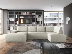 Grote Panoramische Omkeerbare Hoekslaapbank Met Hoek Links Van Beige Ribfluweel Amelia-Vente-unique Hot