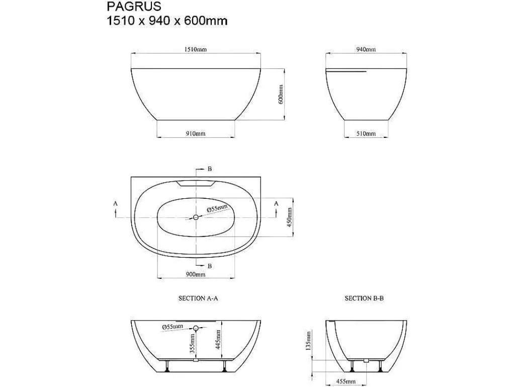 Halfvrijstaand Ovaal Bad - 197 Liter - 151 X 94 X 60 Cm - Wit - Acryl - Pagrus-Shower & Design Outlet