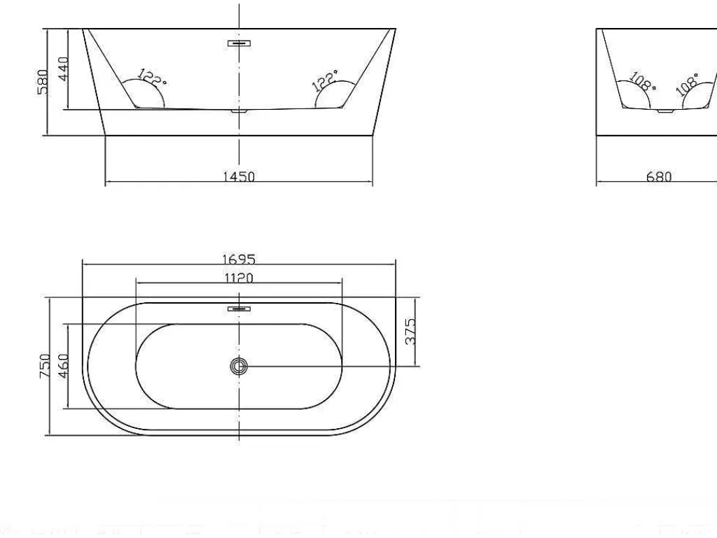 Halfvrijstaande Badkuip Divina - 170 X 75 X 58 Cm - 245L- Wit-Shower & Design Online