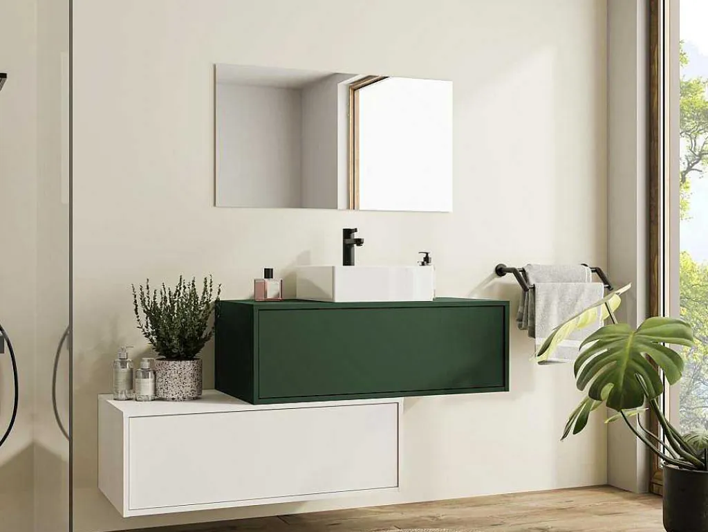Hangend Badkamermeubel Groen En Wit Met Enkele Wastafel En Twee Laden - 94 Cm - Teana Ii-Vente-unique Sale