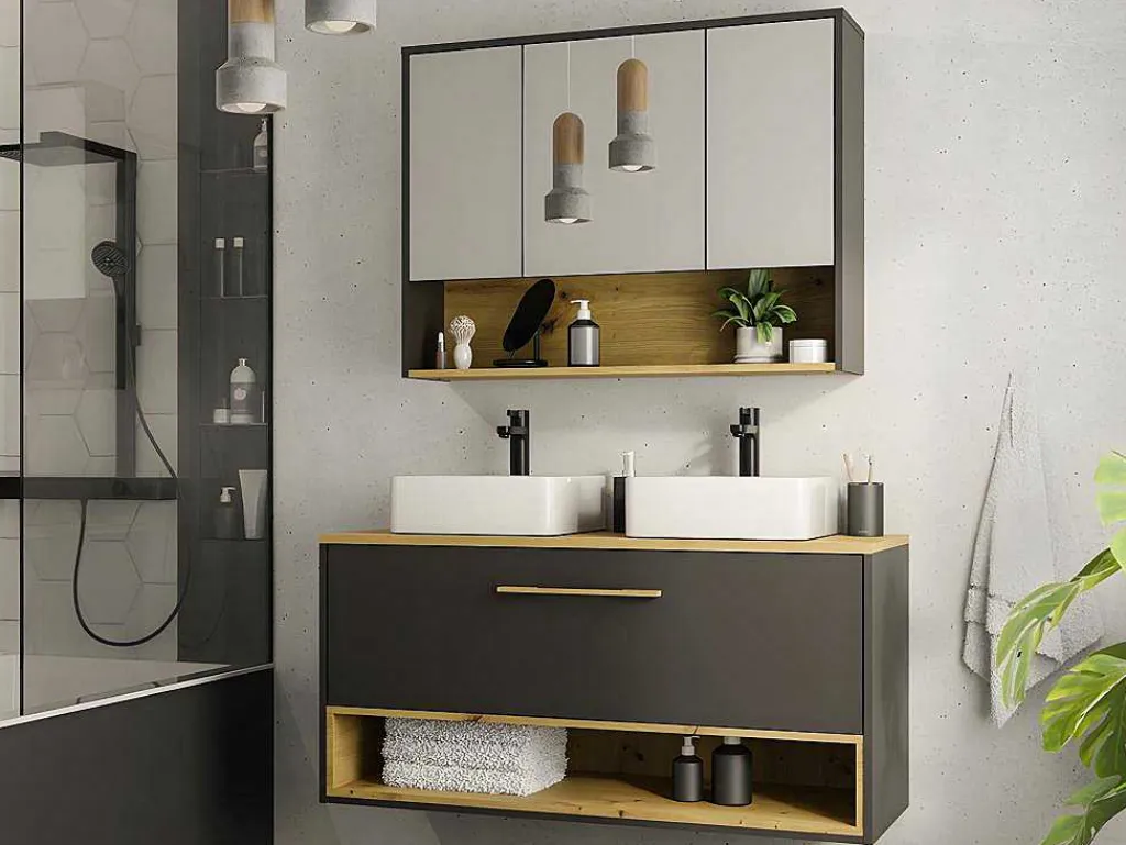 Hangend Badkamermeubel Met Dubbele Wastafel En Spiegelkast - Antraciet - 120 Cm - Yangra-Vente-unique Outlet