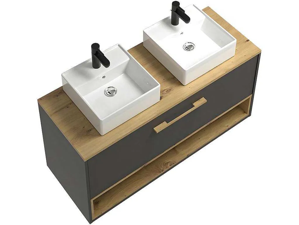 Hangend Badkamermeubel Met Dubbele Wastafel En Spiegelkast - Antraciet - 120 Cm - Yangra-Vente-unique Outlet