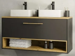 Hangend Badkamermeubel Met Dubbele Wastafel En Spiegelkast - Antraciet - 120 Cm - Yangra-Vente-unique Outlet
