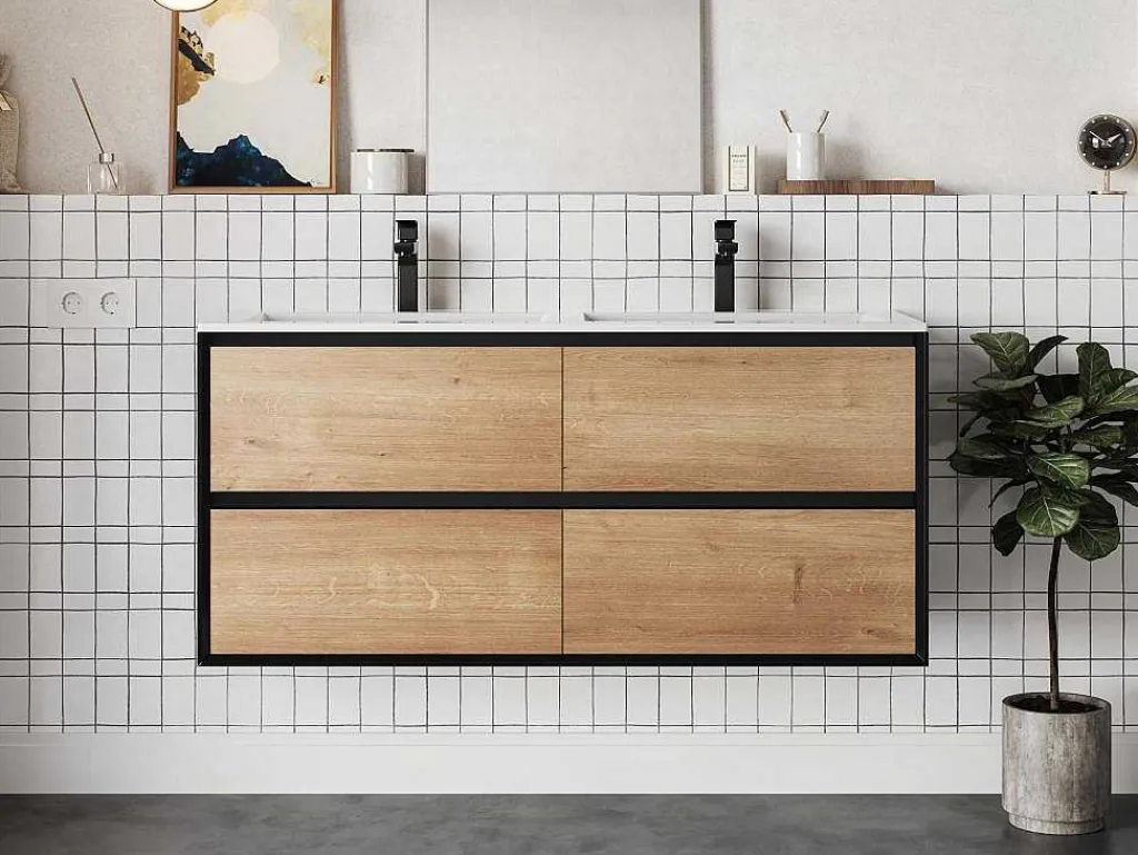 Hangend Badkamermeubel Met Inbouwwastafel - Lichte Naturel En Zwart - 120 Cm - Lannick-Vente-unique Best