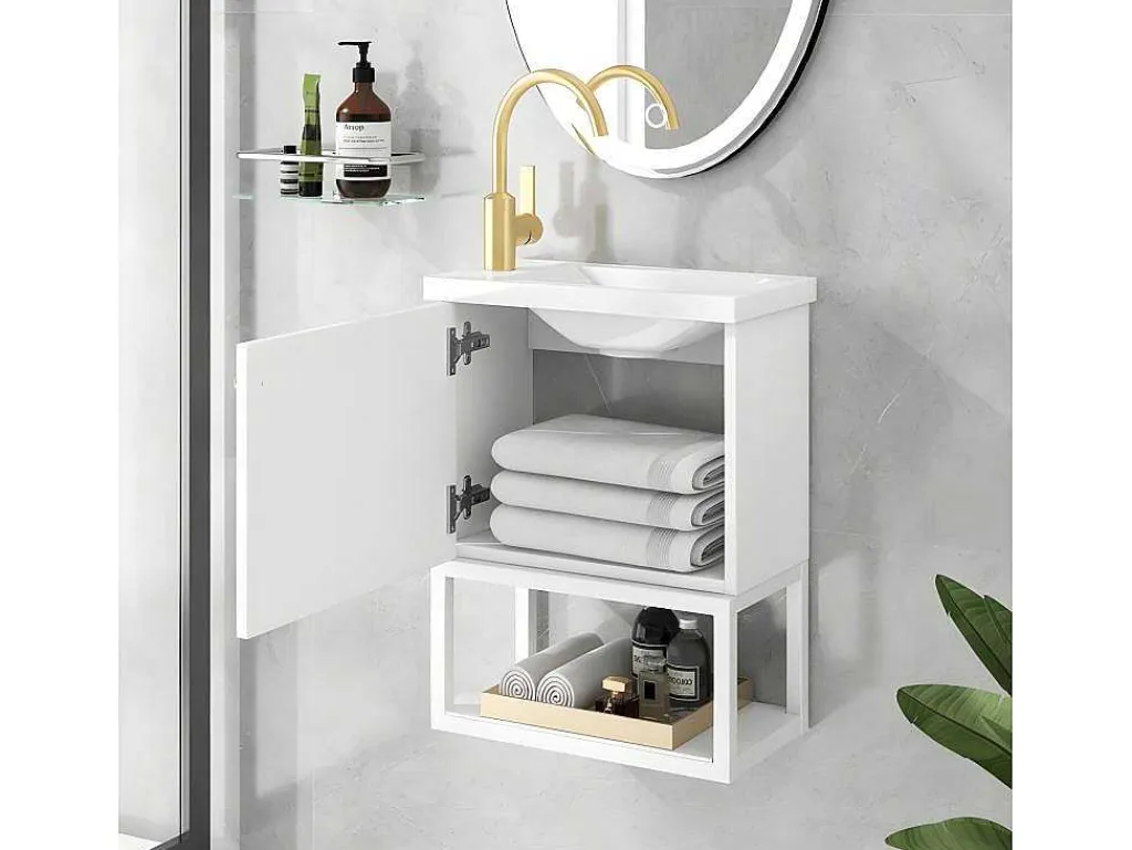 Hangend Badkamermeubel Met Ingebouwde Wastafel - 1 Deur En 1 Open Metalen Plank - Wit (Kraan Niet Inbegrepen)-ModernLuxe