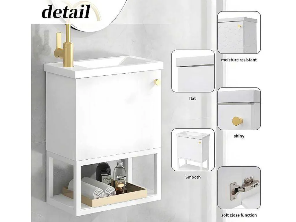 Hangend Badkamermeubel Met Ingebouwde Wastafel - 1 Deur En 1 Open Metalen Plank - Wit (Kraan Niet Inbegrepen)-ModernLuxe