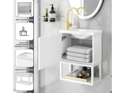 Hangend Badkamermeubel Met Ingebouwde Wastafel - 1 Deur En 1 Open Metalen Plank - Wit (Kraan Niet Inbegrepen)-ModernLuxe