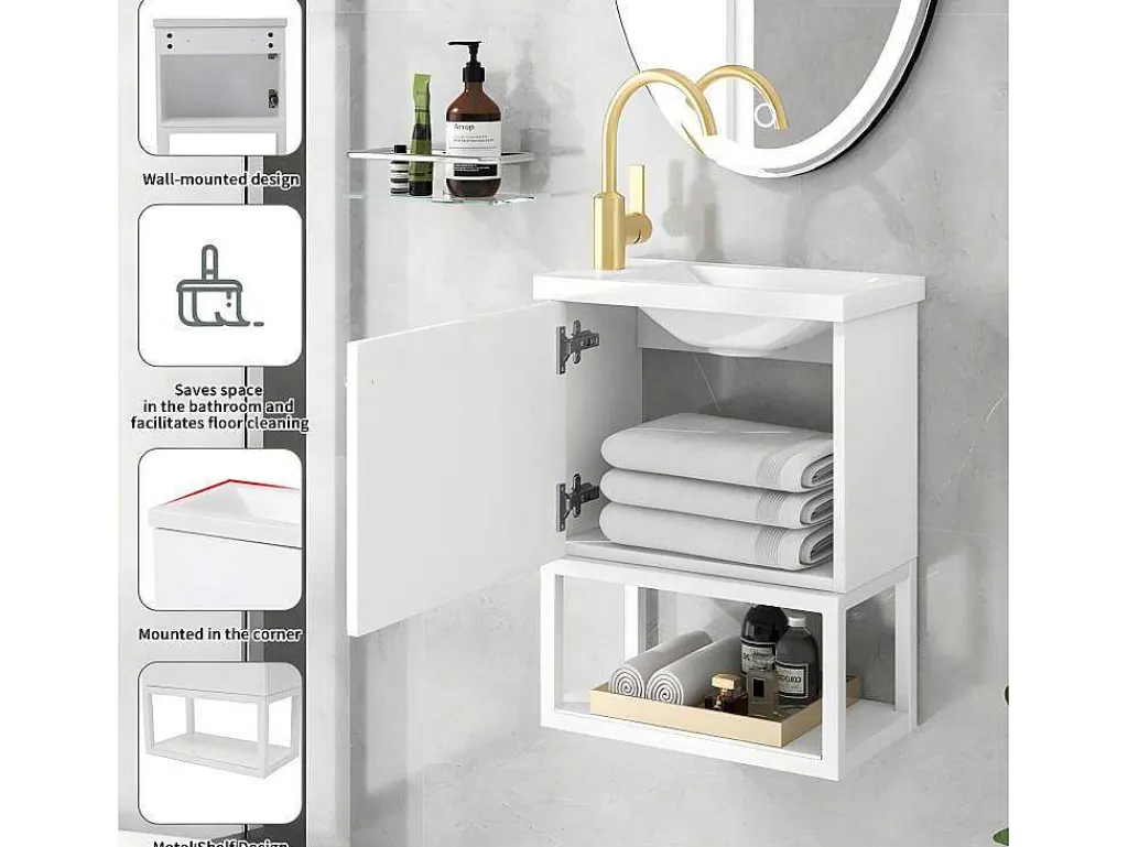 Hangend Badkamermeubel Met Ingebouwde Wastafel - 1 Deur En 1 Open Metalen Plank - Wit (Kraan Niet Inbegrepen)-ModernLuxe