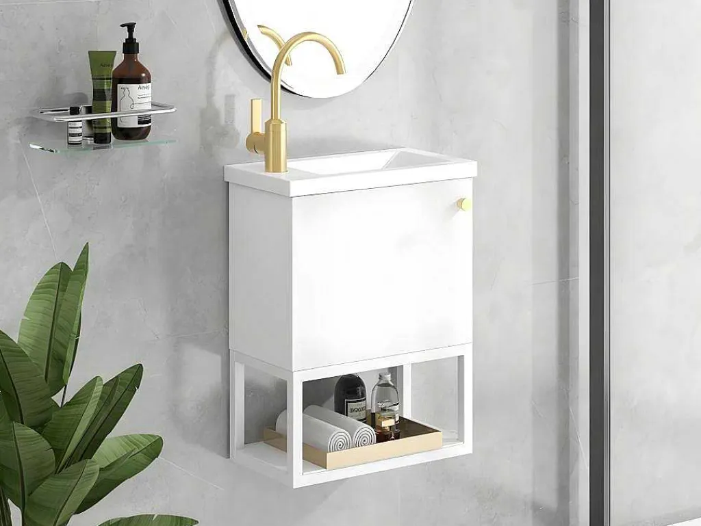 Hangend Badkamermeubel Met Ingebouwde Wastafel - 1 Deur En 1 Open Metalen Plank - Wit (Kraan Niet Inbegrepen)-ModernLuxe