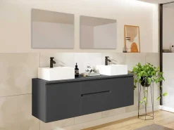 Hangend Badkamermeubel Met Dubbele Wastafel En Spiegels - Grijs - 150 Cm - Jimena Ii-Vente-unique Online