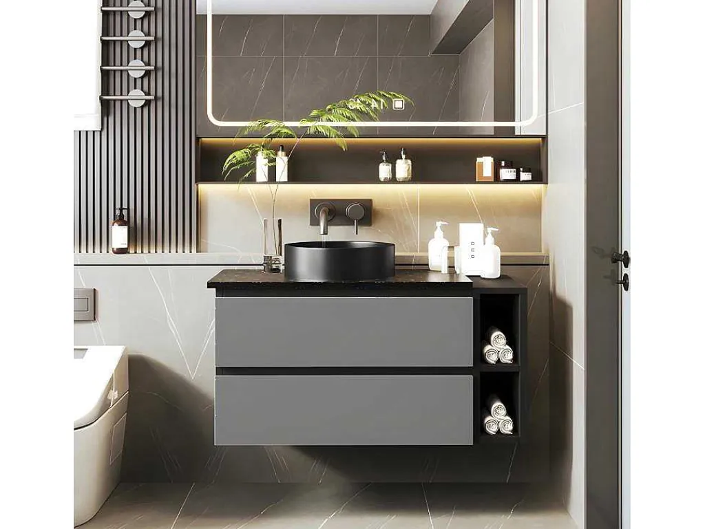Hangend Badkamermeubel Met Keramische Wastafel En 2 Laden - Marmeren Bladen L 80Cm - Modern Design - Grijs (Kraan Niet Inbegrepen)-ModernLuxe