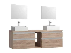 Hangend Badkamermeubel Met Dubbele Wastafel En Spiegels - Natuurlijke Lichte Kleur - 150 Cm - Magdalena Ii-Vente-unique New