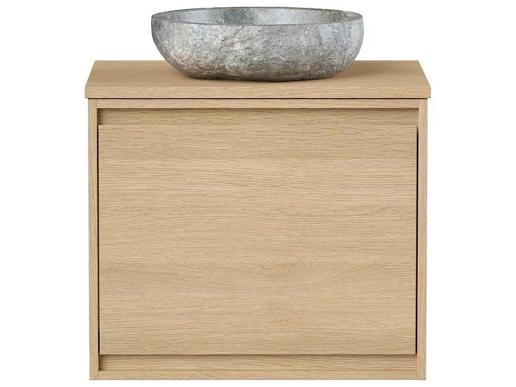 Hangend Badkamermeubel Met Opzet Wastafel Van Steen - Eiken Fineer - 60 Cm - Mesliva-Vente-unique Discount