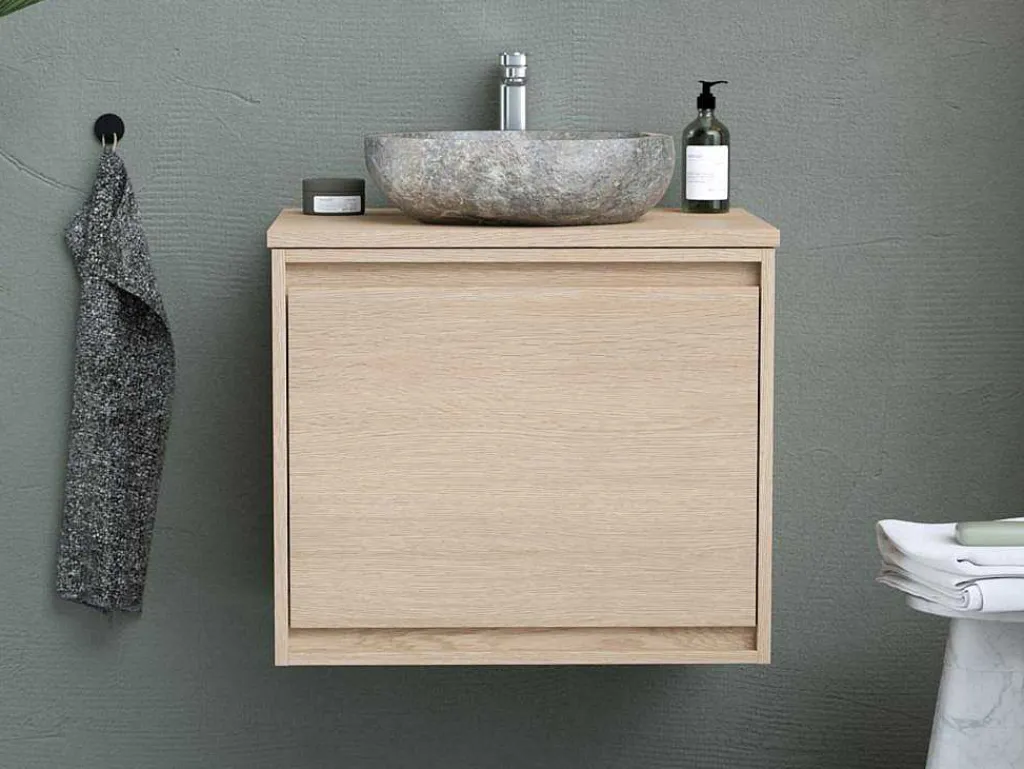 Hangend Badkamermeubel Met Opzet Wastafel Van Steen - Eiken Fineer - 60 Cm - Mesliva-Vente-unique Discount