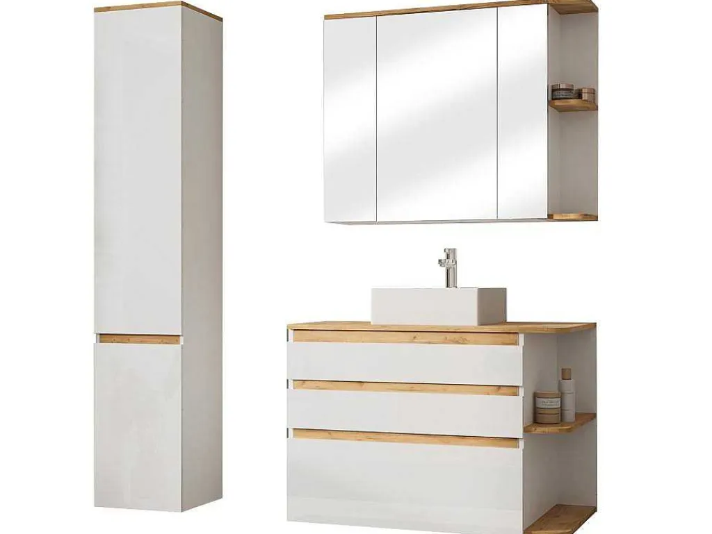Hangend Badkamermeubel Met Wastafel, Zuil En Spiegelkast - Naturel En Wit - 94 Cm - Anid-Vente-unique Discount