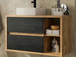 Hangend Badkamermeubel Met Enkele Wastafel - Naturel En Antraciet - 100 Cm - Tikitiki-Vente-unique