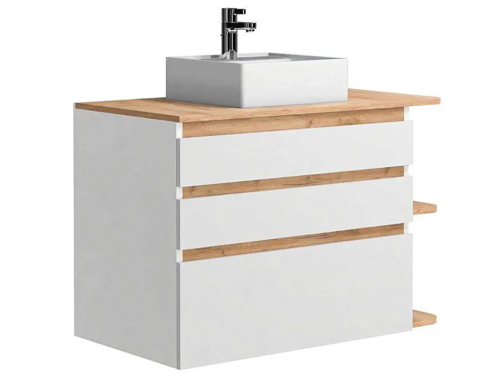Hangend Badkamermeubel Met Wastafel - Naturel En Wit - 96 Cm - Anida-Vente-unique