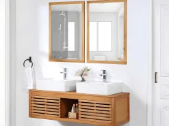 Hangend Badkamermeubel Van Acaciahout Met Dubbele Wastafel En Spiegels - 130 Cm - Penebel-Vente-unique Best