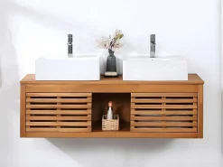 Hangend Badkamermeubel Van Acaciahout Met Dubbele Wastafel - 130 Cm - Penebel-Vente-unique Sale