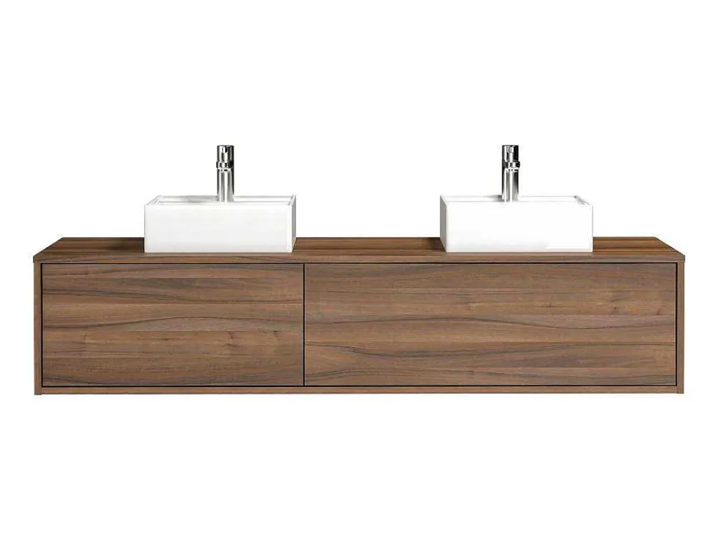 Hangend Badmeubel Met Donker Natuurlijke Kleur En Dubbele Wastafel - L150 Cm - Isaure Ii-Vente-unique New