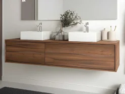 Hangend Badmeubel Met Donker Natuurlijke Kleur En Dubbele Wastafel - L150 Cm - Isaure Ii-Vente-unique New