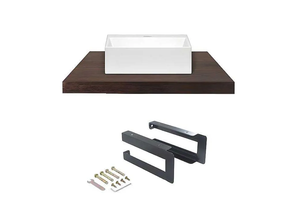 Hangend Bureau Van Donker Teakhout Met Zwarte Beugels En Wastafel - 80 X 50 Cm - Sukawati-Vente-unique New